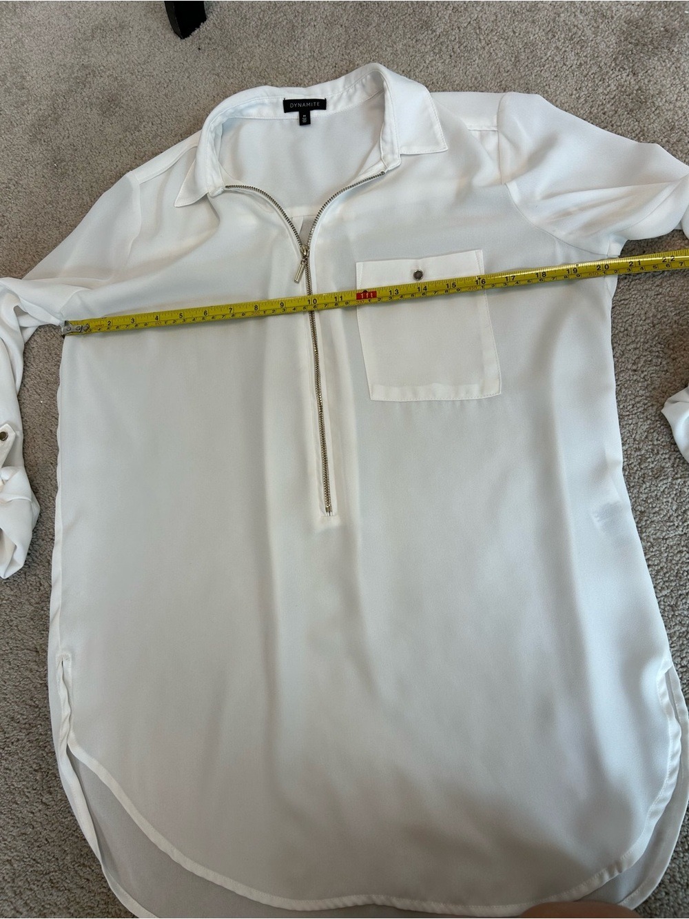 Dynamite Women's Zip-Front Ivory White Blouse with Pocket & Roll tab sleeves M - Picture 7 of 11